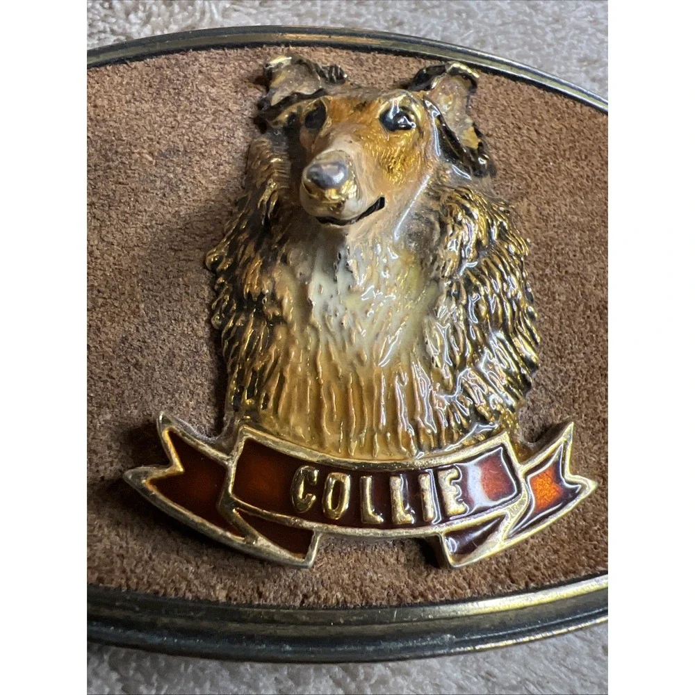 Vintage 1979 Raintree‎ Collie Dog Belt Buckle 3D Brass Enamel Western USA